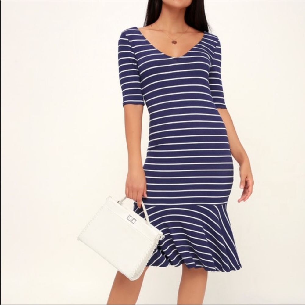 Lulus yael blue white striped bodycon midi dress